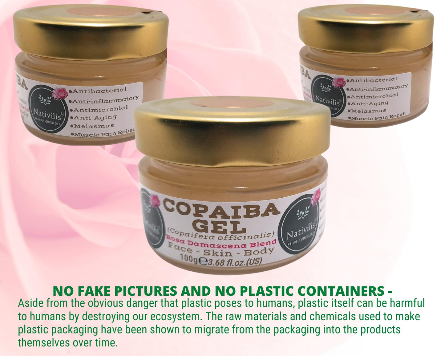 Nativilis Natural Essential Oils Nativilis Copaiba Gel Copaifera officinalis Rosa damascena Blend Multipurpose Natural Gel Face Skin Body Moisturizing Antiaging Melasma Inflammation Relieve Sore Muscles Joint Pains Circulation