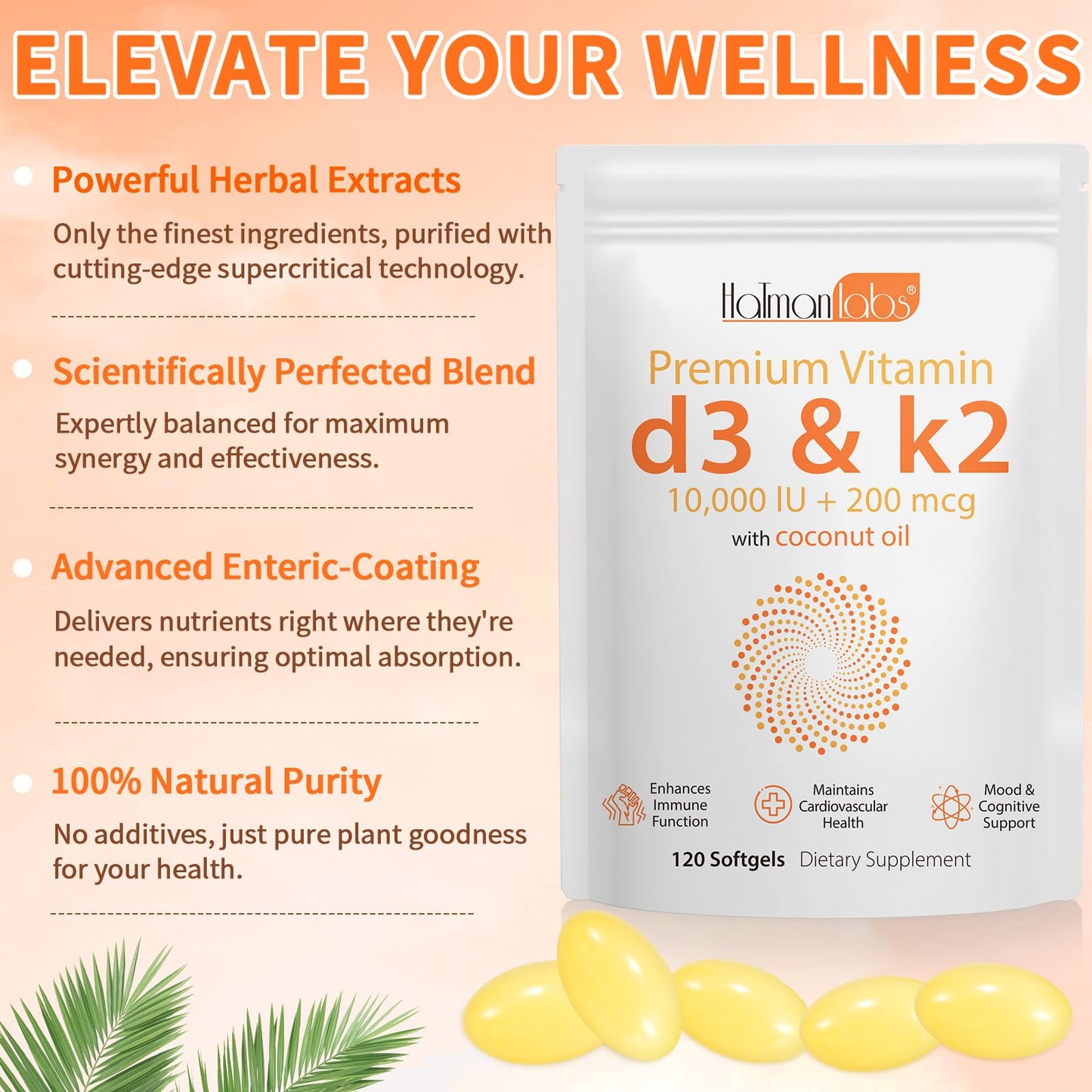 Vortexonix 120 Count Vitamin D3 K2 Supplement Softgel, 2 in 1 Vitamins D & K Complex, Vitamin D3 K2 10000 IU Coconut Oil Supplement Softgel, Immune, Heart Health Support