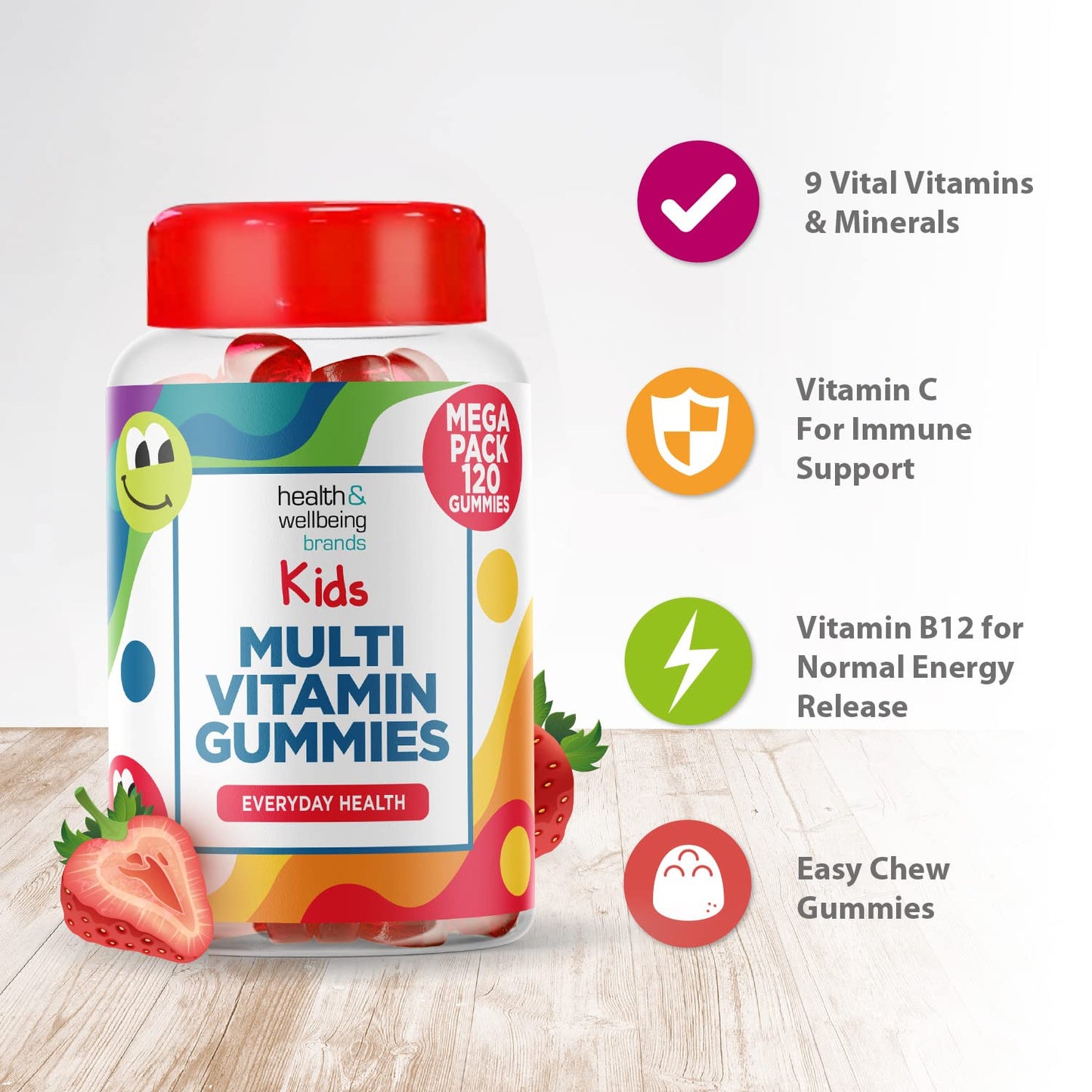 Club Vits Kids Multivitamin 120 Strawberry Flavour Gummies - Strawberry Contains 9 Essential Vitamins + Minerals Including Vitamin C D A & B Vitamins for Childrens - Pack of 120 Chewable Vitamins