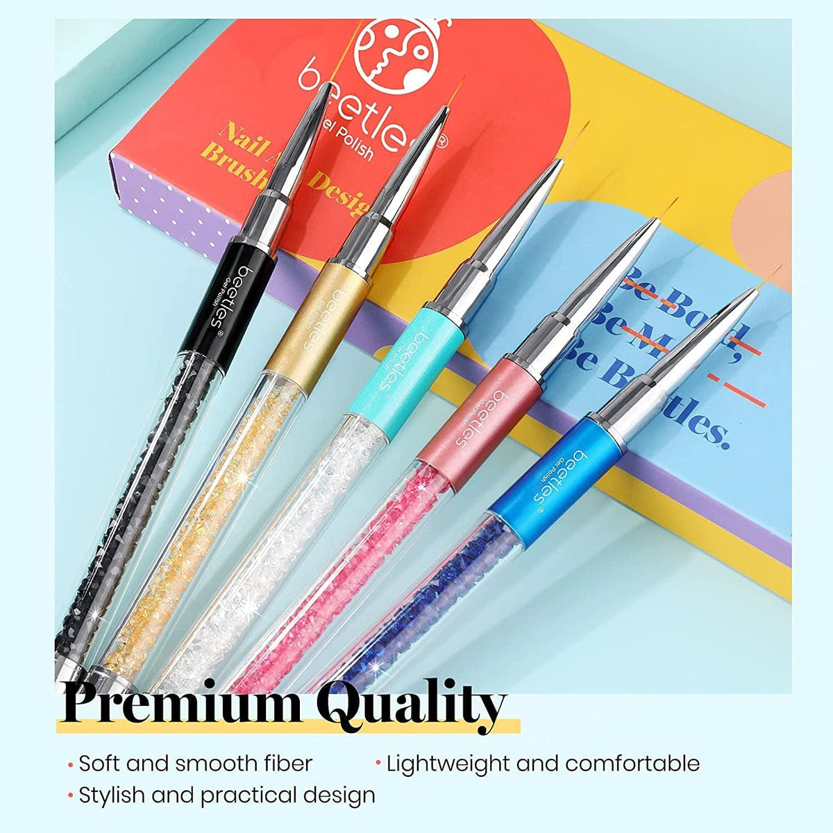 beetles Gel Polish Beetles Nail Art Liner Brushes, Nail Gel Polish Painting Nail Art Design Brush Pen Set Diamond Application Rhinestone Handle, Dotting Drawing Pen Sizes 5/7/9/11/20mm, 5Pcs