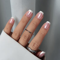 BTArtbox Stick On Nails Short - White French Tip False Nails Square, Chrome Glazed Press On Nails in 15 Sizes - 30 Soft Gel Fake Nail Kit, Be Elegant