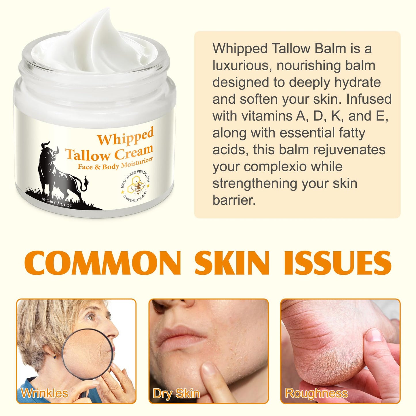 Datival Beef Tallow for Skin, Tallow Face Moisturizer, Tallow and Honey Balm, Organic Grass-Fed Whipped Beef Tallow and Honey Cream, Deeply Moisturizing for Face & Body, Suitable for Dry & Aging Skin, 60g