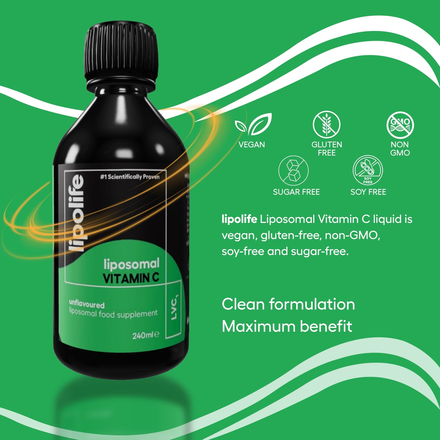 Lipolife lipolife LVC1 Liposomal Vitamin C Liquid 240ml – High Strength - 48 Days Supply, No Tablets, Clinically Proven Higher Absorption, Gluten-Free, Vegan, Immune & Collagen Support Supplement