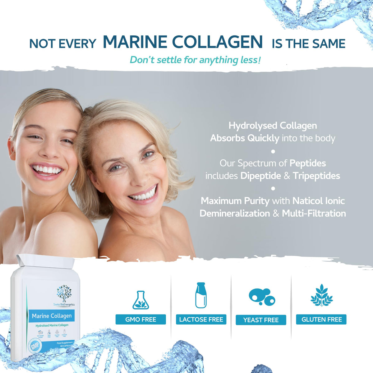 swiss bioenergetics Marine Collagen 600mg 60 Capsules - Highly Bioavailable Naticol® Type 1 Produced by enzymatic hydrolysis ensuring The Highest Levels of oligopeptides with Maximum Purity