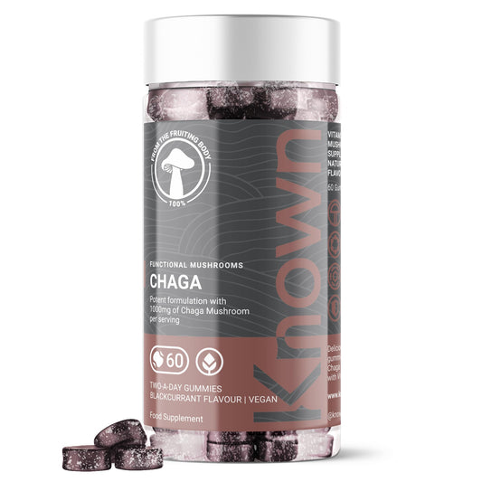 Chaga 1000mg Mushroom Gummies by Known Nutrition | Natural Antioxidant Support for Immune System | Delicious Natural Blackcurrant Flavour | 60 Two-a-Day Vegan Gummies (One Month’s Supply)
