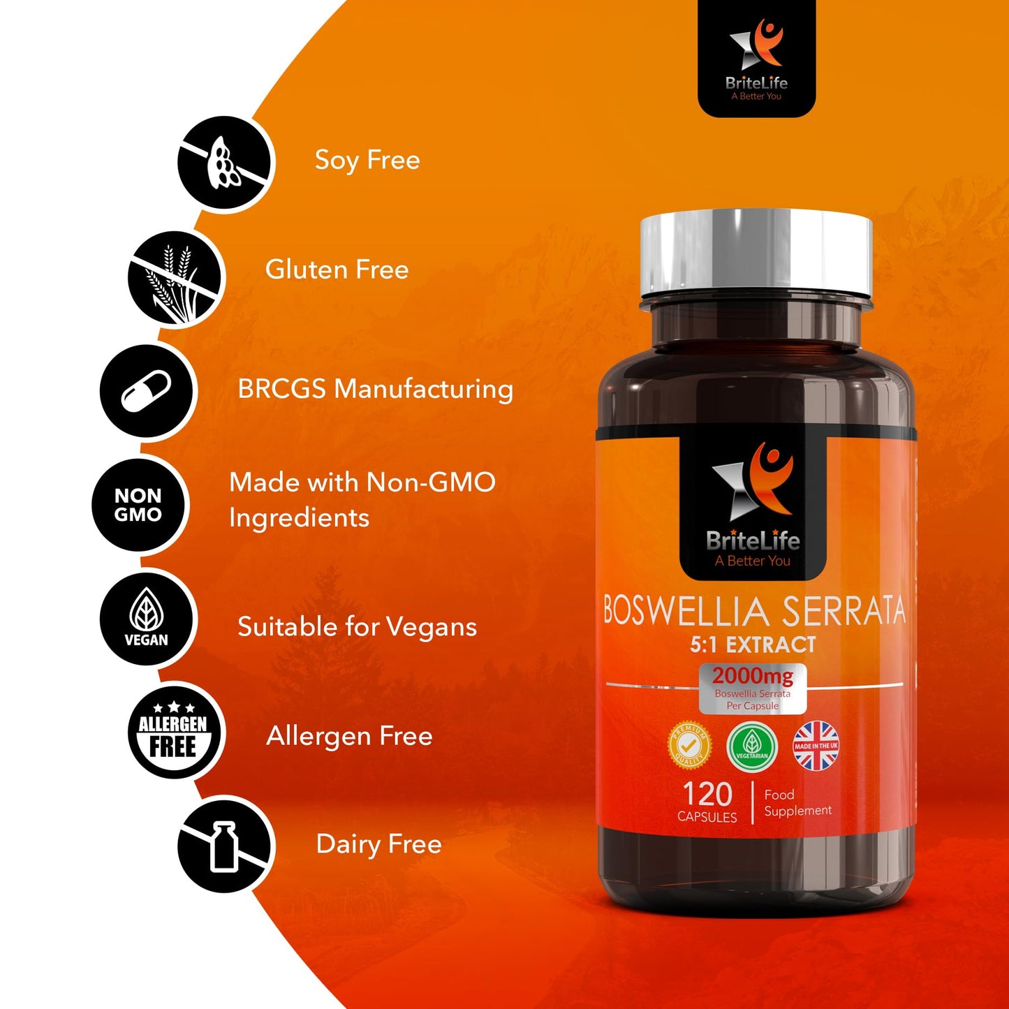 BriteLife BL Boswellia Serrata Capsules | 120 High Strength Boswellia Extract 5:1 Capsules - 2000mg Boswelia Per Serving | Non-GMO, Gluten & Allergen Free | Manufactured in The UK