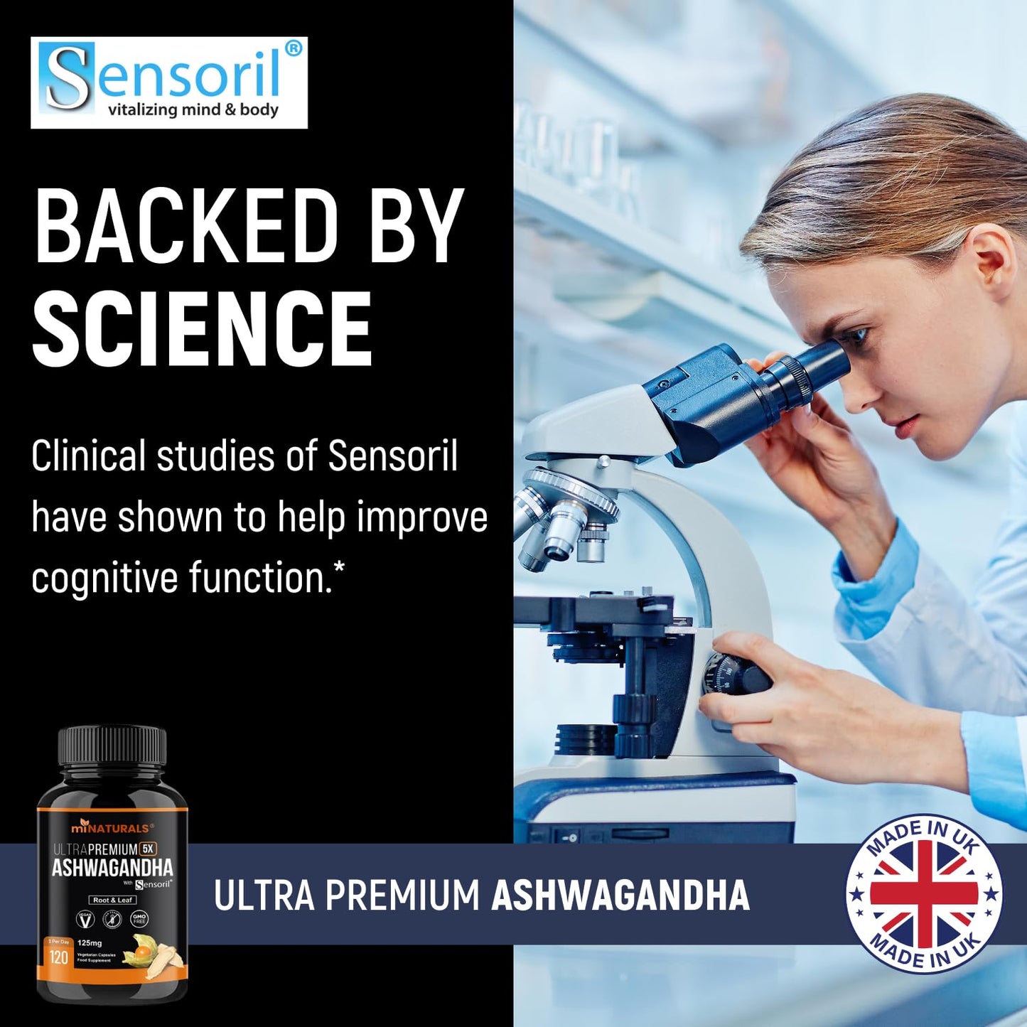 Ashwagandha Sensoril Capsules from Root & Leaf Powder | KSM-66 Alternative | 120 Capsules Made in UK by miNATURALS