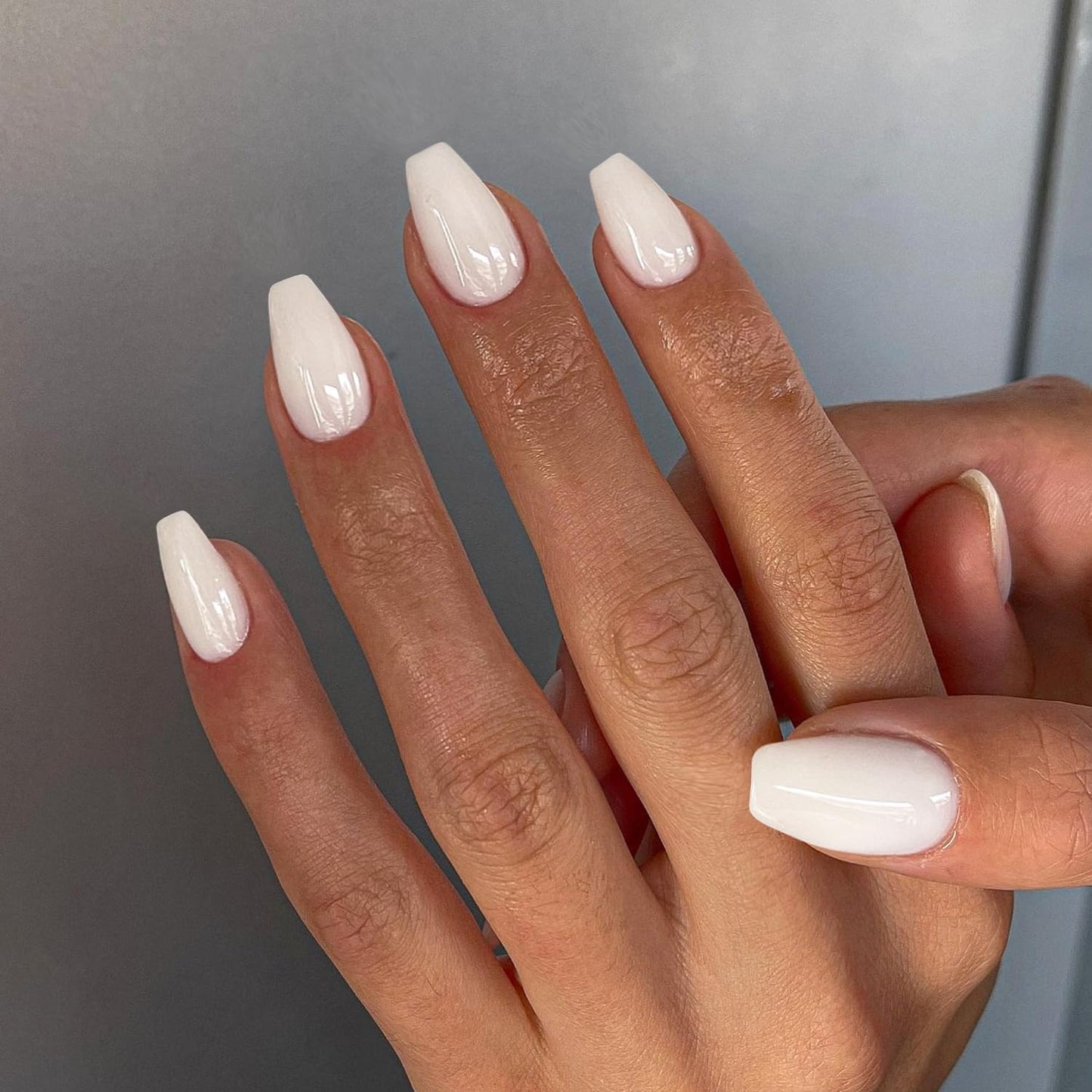 KQueenest Acrylic Press on Nails Short Medium Coffin, White False Nails Short Ballerina, Glossy Natural Solid Color Fake Nails Set, Reusable Gel Stick on Nail for Women Finger Daily Wear 24 Pcs