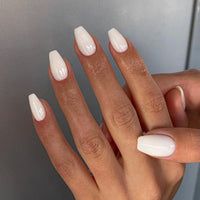 KQueenest Acrylic Press on Nails Short Medium Coffin, White False Nails Short Ballerina, Glossy Natural Solid Color Fake Nails Set, Reusable Gel Stick on Nail for Women Finger Daily Wear 24 Pcs
