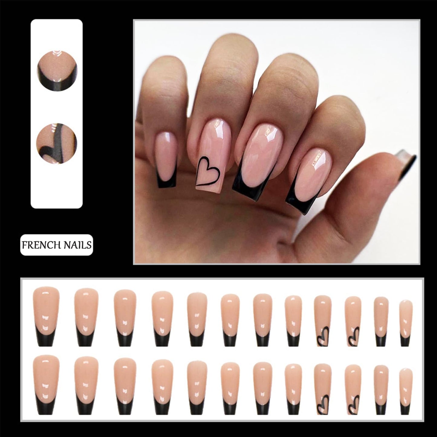 EONFAVE 24pcs French Tip False Nails - Press On Nails Long - French Style Black Edge Heart Stick On Nails With Glue - Long Coffin Shaped Elegant Design Fake Nails