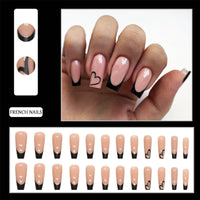 EONFAVE 24pcs French Tip False Nails - Press On Nails Long - French Style Black Edge Heart Stick On Nails With Glue - Long Coffin Shaped Elegant Design Fake Nails