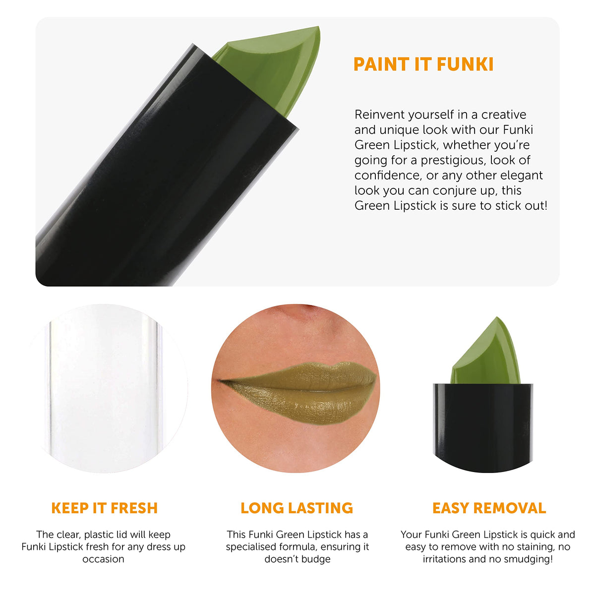 Funki Face & Body Paint Green Lipstick - Pack of 12 - Tube of Green Lipstick - Fancy Dress Costume Makeup Accessory