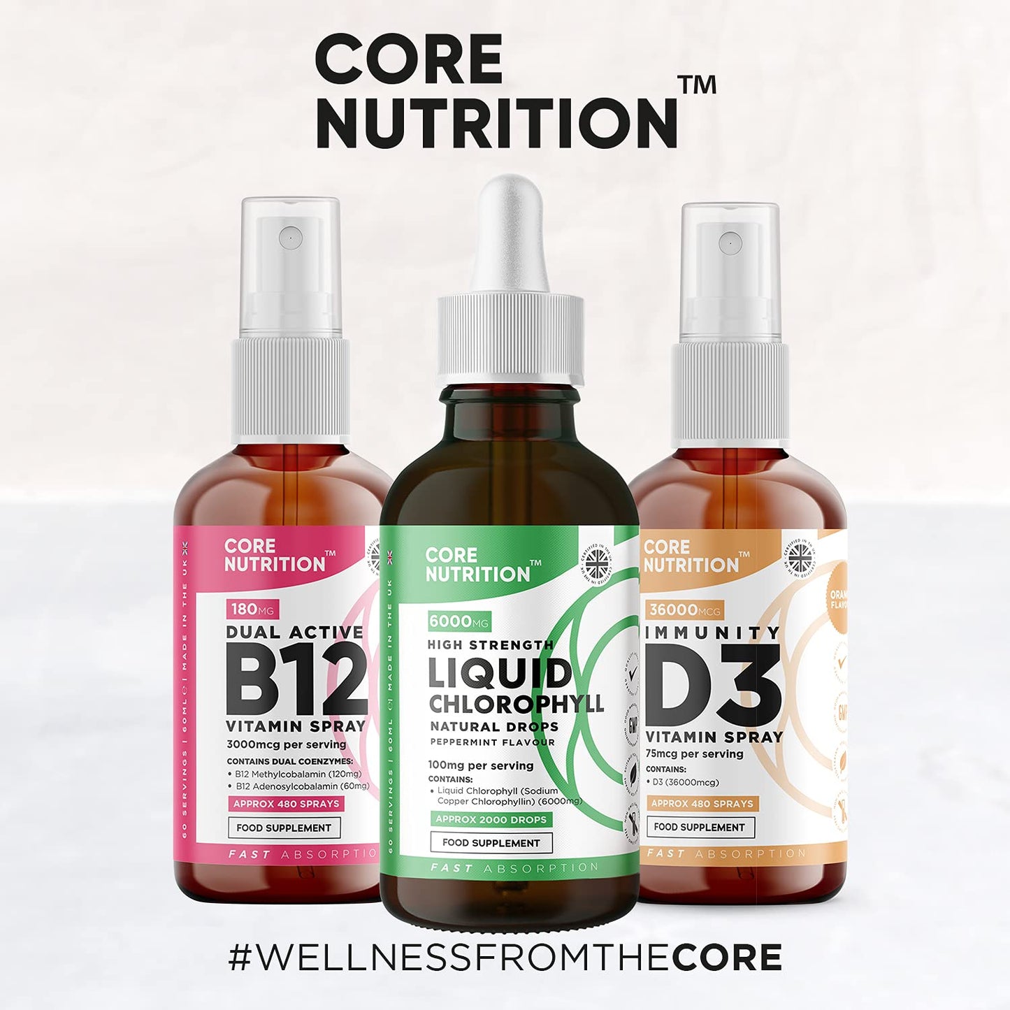 Liquid Chlorophyll Drops for Water - High Strength of 12,000mg per 2X 60ml Bottle at 4X Concentration - 4 Month Supply of Chlorophyll Liquid Drink - Made in UK by Core Nutrition (2X Pack)