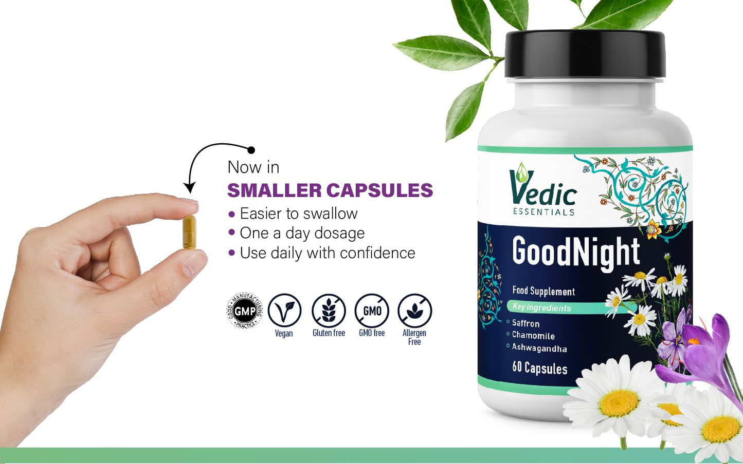 Saffron + Chamomile + Ashwagandha + Melatonin alternative Natural Sleep Aid | Quick and Good night sleep | Vegan, Halal, Gluten-free | 60 nights | Vedic Essentials