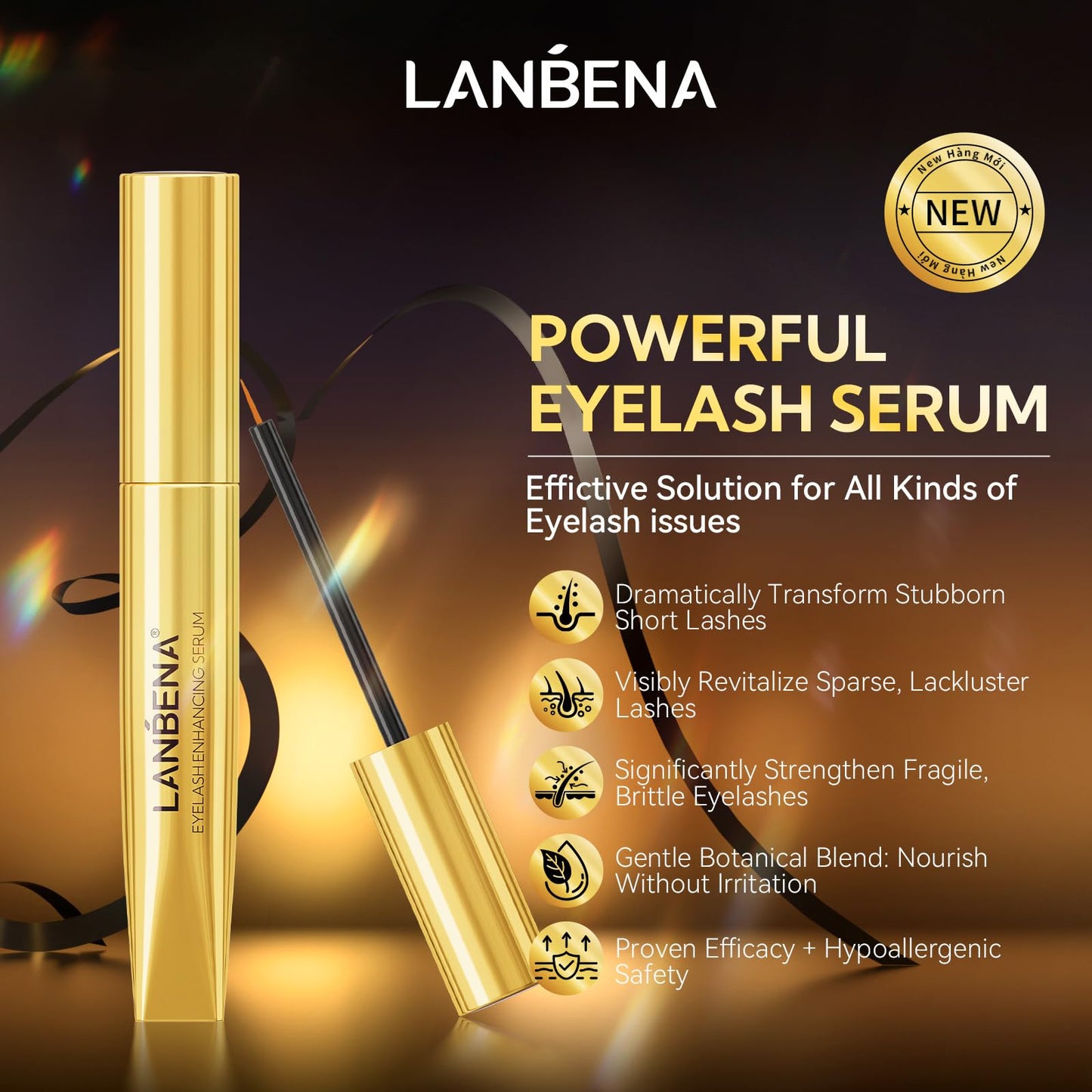 LANBENA Eyelash Growth Serum - Eye Lash Enhancing Serum Natural Nourishment for Fuller, Longer Lashes & Defined Brows | 3mL/0.10 fl oz - Cold-Pressed Formula, Vegan & Cruelty-Free