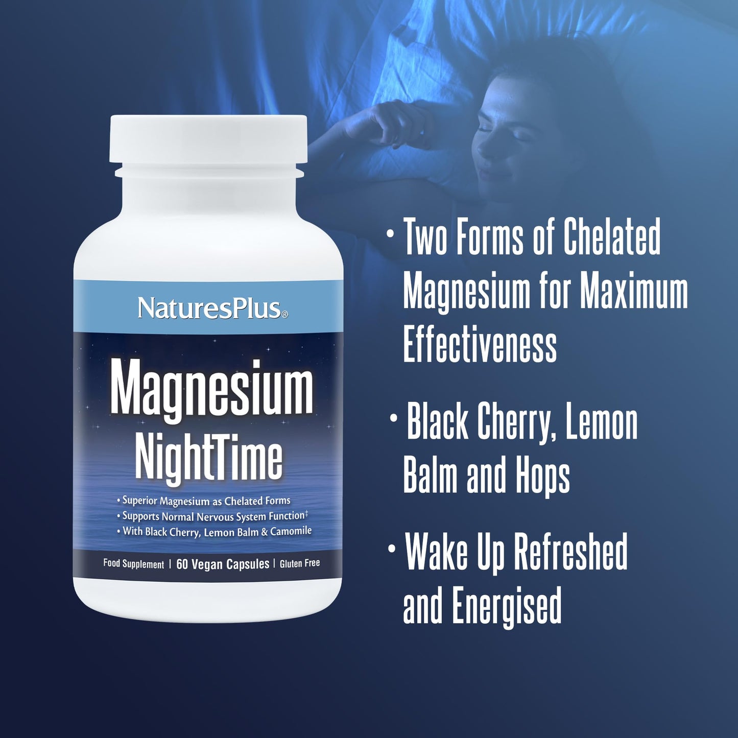 Nature's Plus NaturesPlus Magnesium Night Time - Magnesium Glycinate and Taurate Supplement with L-Theanine, Ashwagandha, Lemon Balm, B6, Hops - Vegan, Gluten Free - 60 Capsules