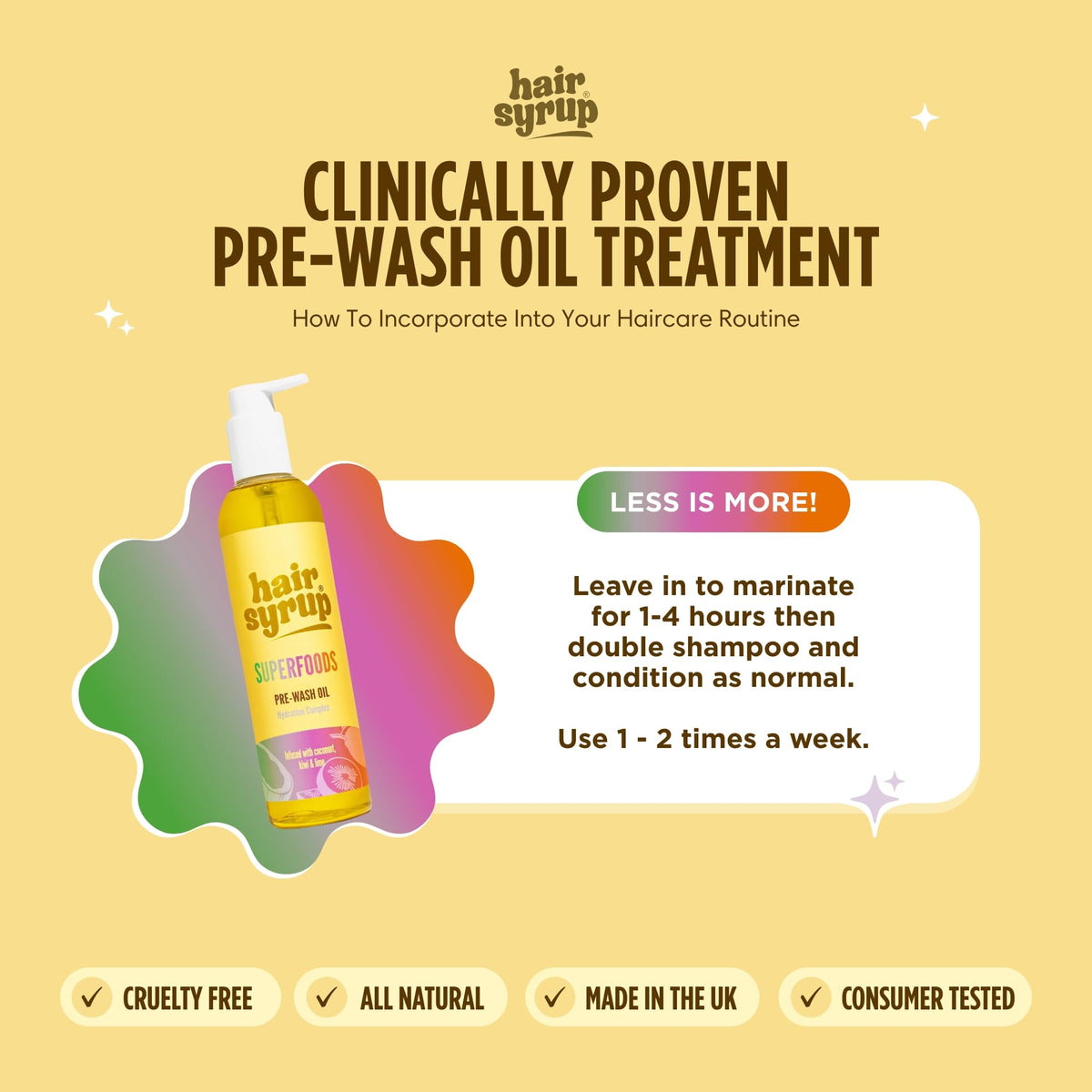 Hair Syrup | Superfoods Pre-Wash Hair Oil | Enriched with Coconut, Kiwi & Line | For Damaged, Dehydrated Hair Needing TLC | 12 Nutrient-Rich Ingredients | 100% Natural | 300ml Pump Bottle Applicator