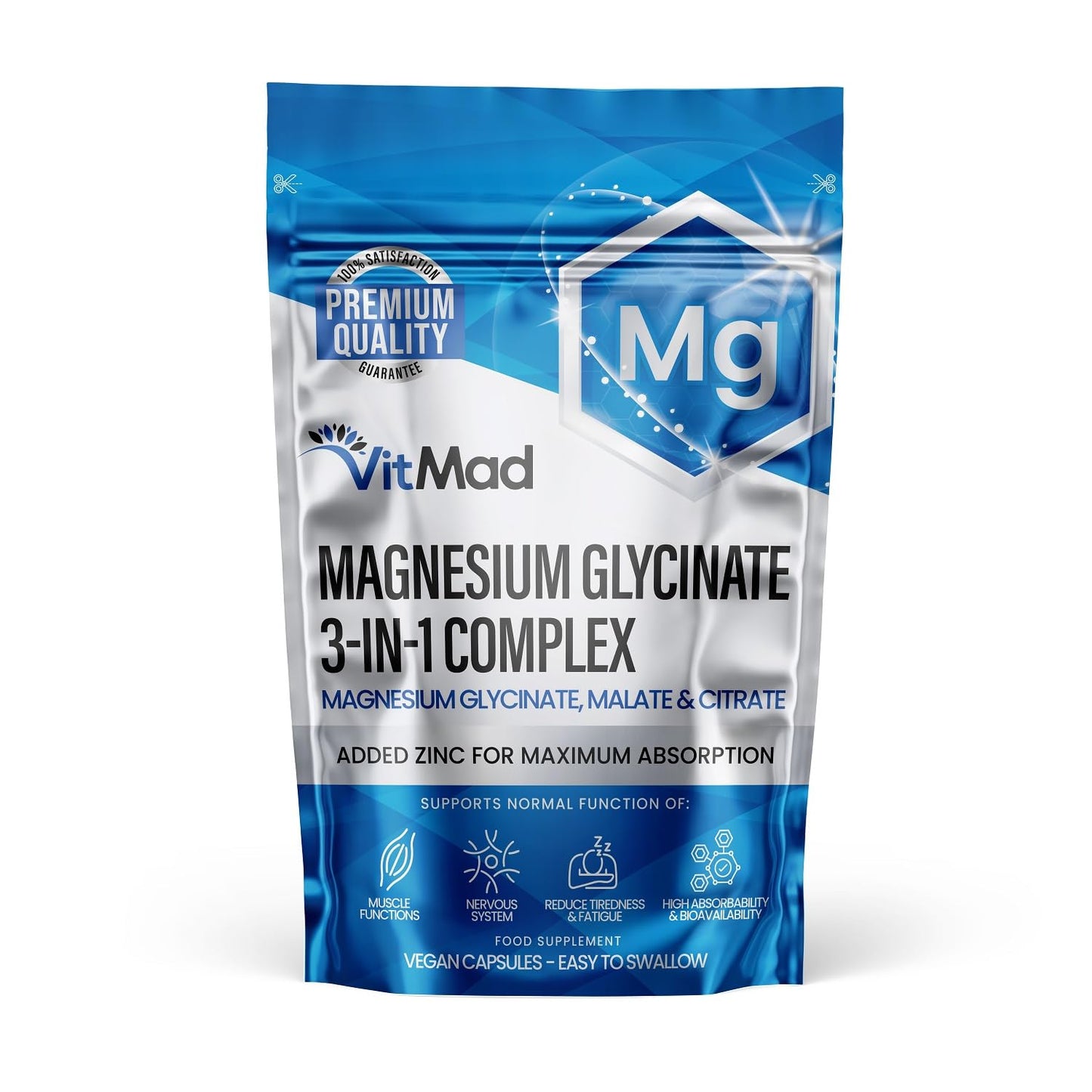 Vitmad Magnesium Glycinate 3-in-1 Complex - Bisglycinate, Citrate & Malate Vegan Capsules, Added Zinc to Maximise Absorption 380mg Elemental 100% NRV, UK Made (60)