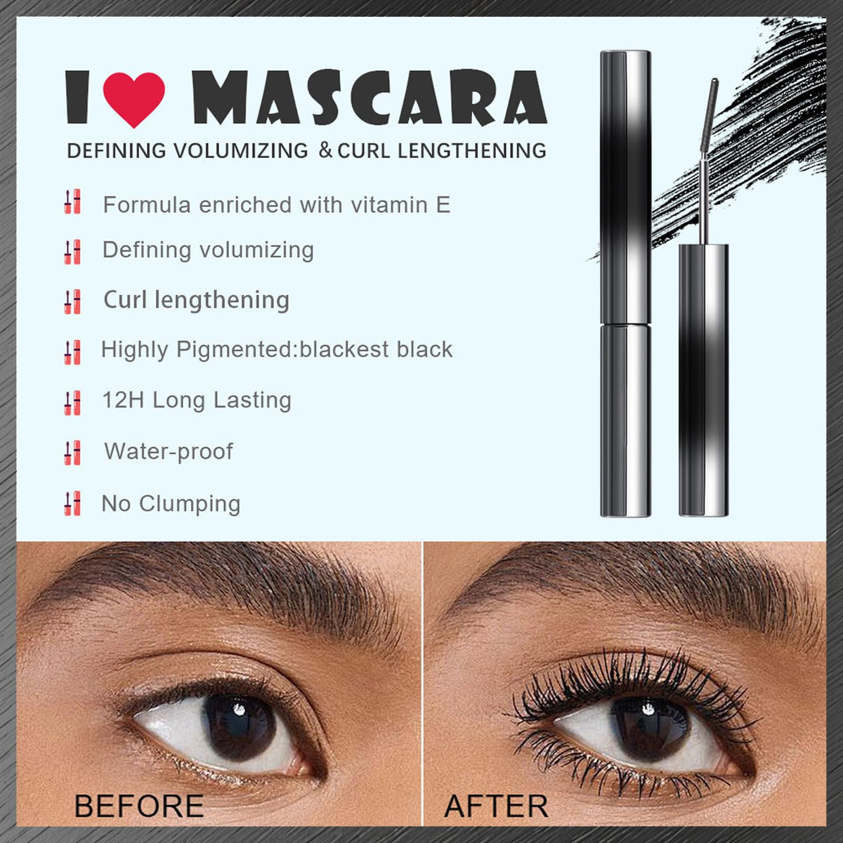 MINSHZEE Black 3D Waterproof Hairless Mascara, Washable Ultra-thin Metal, Long Lasting Curl, Curling Mascara, Waterproof Curling Brush, Long Lasting Hairless, Washable Lengthening