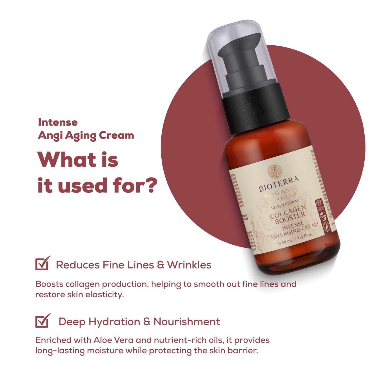 Bioterra Organic Collagen Booster Intense Anti-Aging Cream, Natural Ingredients, Face Moisturiser for Ultimate Glow, Cruelty-Free, 50 ml