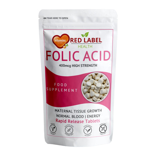 Red Label Health Folic Acid Pregnancy Tablets 400 mcg, 365 Vitamin B9 Tablets (1 Year Supply) High Strength Folate Fertility Supplement for Women, Vegan, Vegetarian, Made in The UK