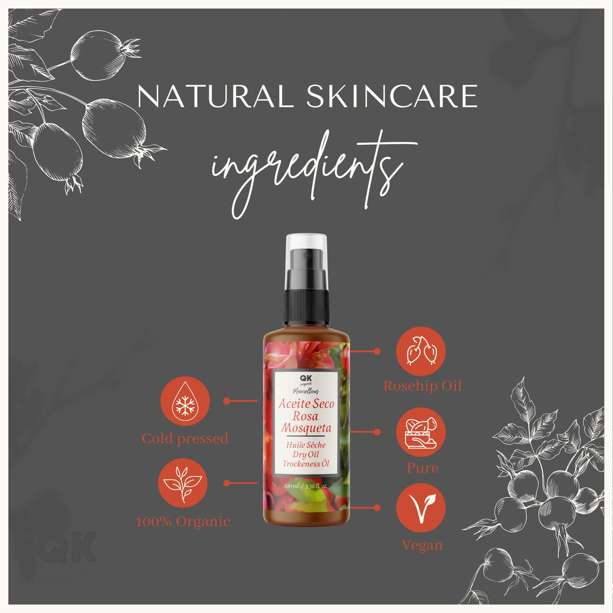 QKnatur Rosehip Dry Oil 100ml: Intense Nourishment, Fast Absorption, Anti-Stretch Marks for Skin and Hair, Antioxidant, Anti-Aging, Natural, and Vegan