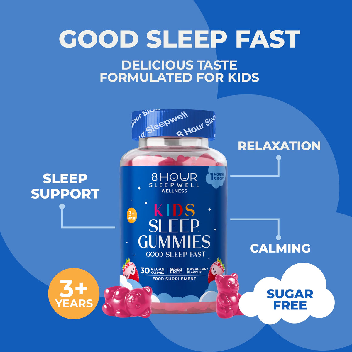 8 Hour Sleepwell Sleep Gummies for Kids – 1 Month Supply | Sugar & Gluten-Free Magnesium Gummies for Growth, Relaxation & Healthy Sleep | 30 Vegan Supplement with Magnesium, L-Theanine & Vitamin B6 | Support Ages 3+
