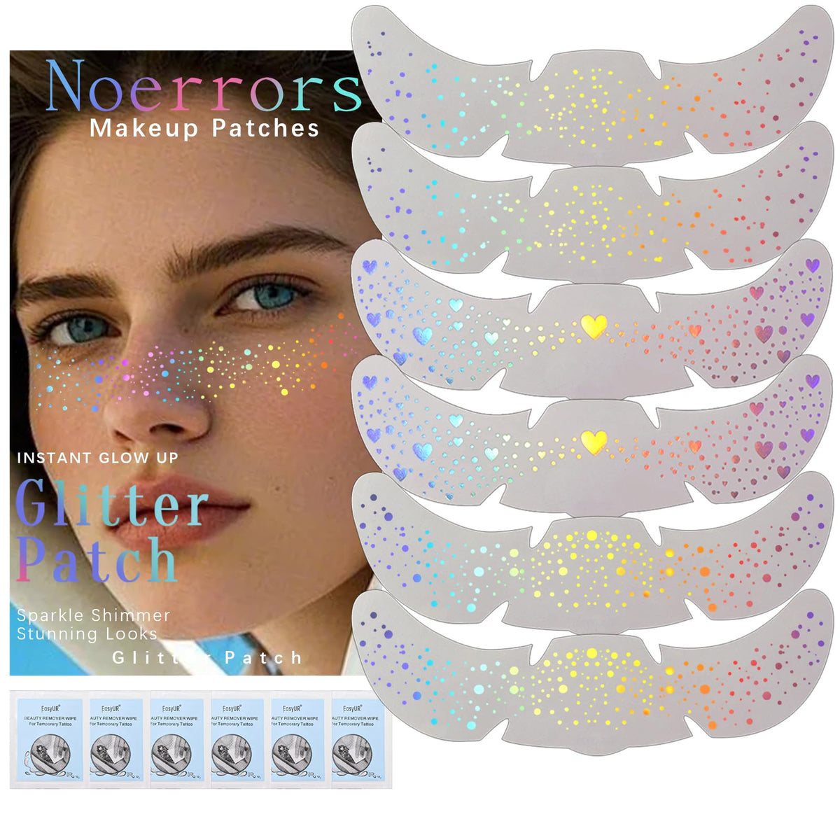 Noerrors 6pcs Glitter Freckles Face Tattoo, 3 Styles Multichrome Holographic Sparkle Face Glitter Speckles Patches, Waterproof Metallic Cute Temporary Tattoo Stickers Makeup Festival Rave Accessories