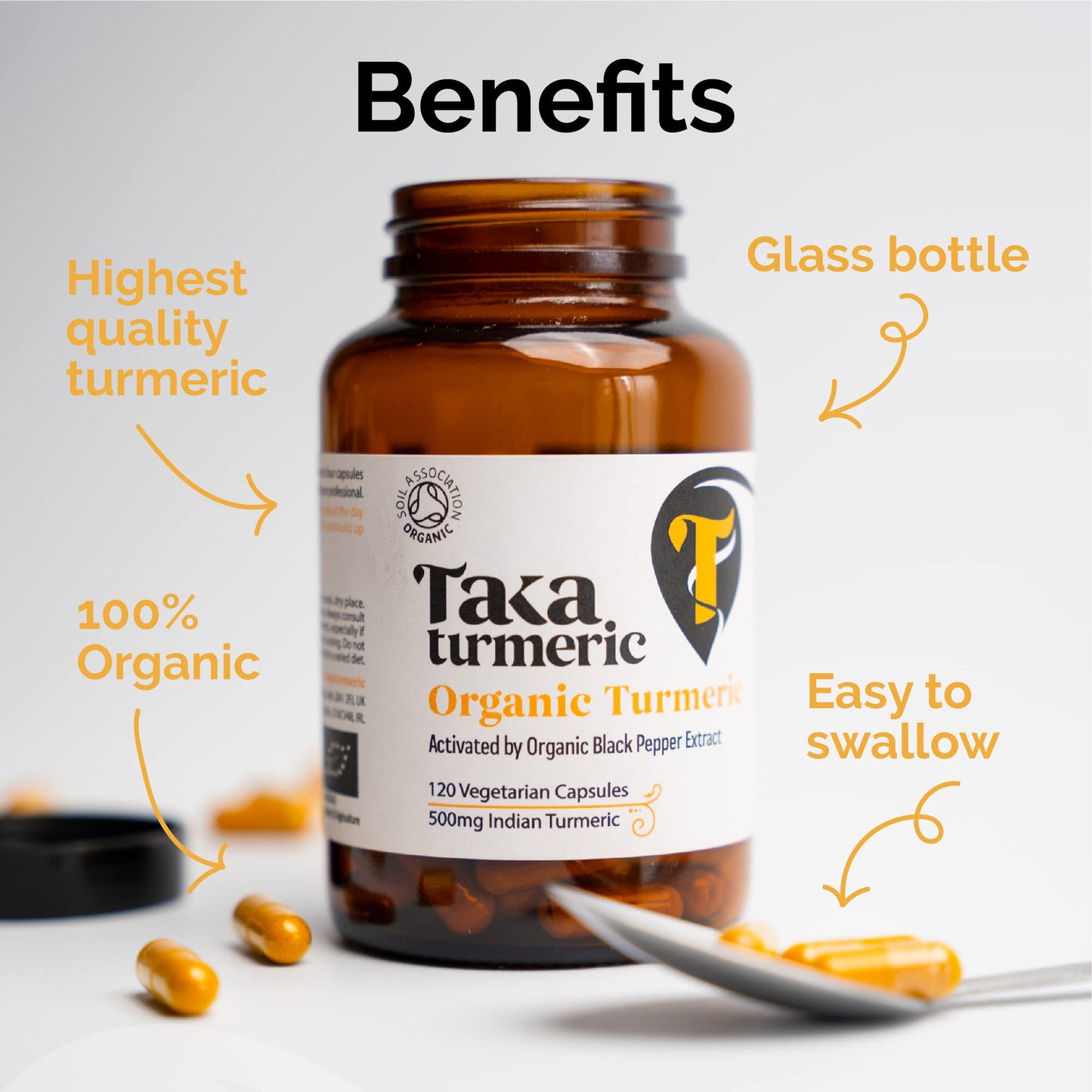 Taka Turmeric, 120 Caps Organic Turmeric with Black Pepper Extract Tumeric Curcumin Supplement, High Strength Tumeric Capsules with Curcumin and Black Pepper, Vegan, Recyclable Packaging