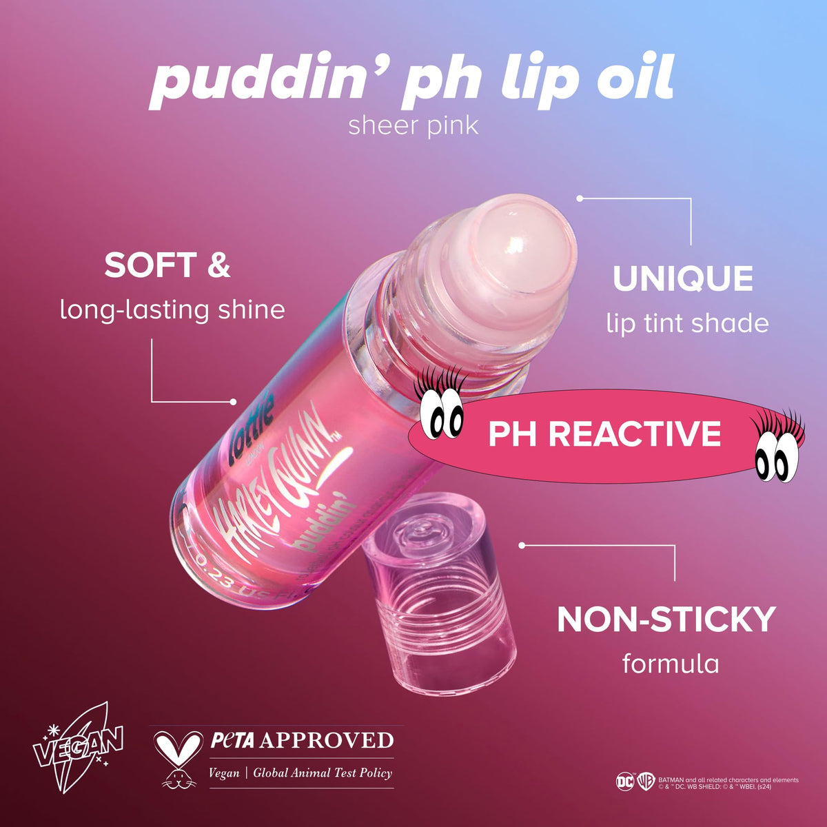 Lottie London x Harley Quinn Puddin’ pH Color Changing Lip Oil in Pink, Nourishing lip oil to adapt to the natural pH in your lips for a unique flush of color