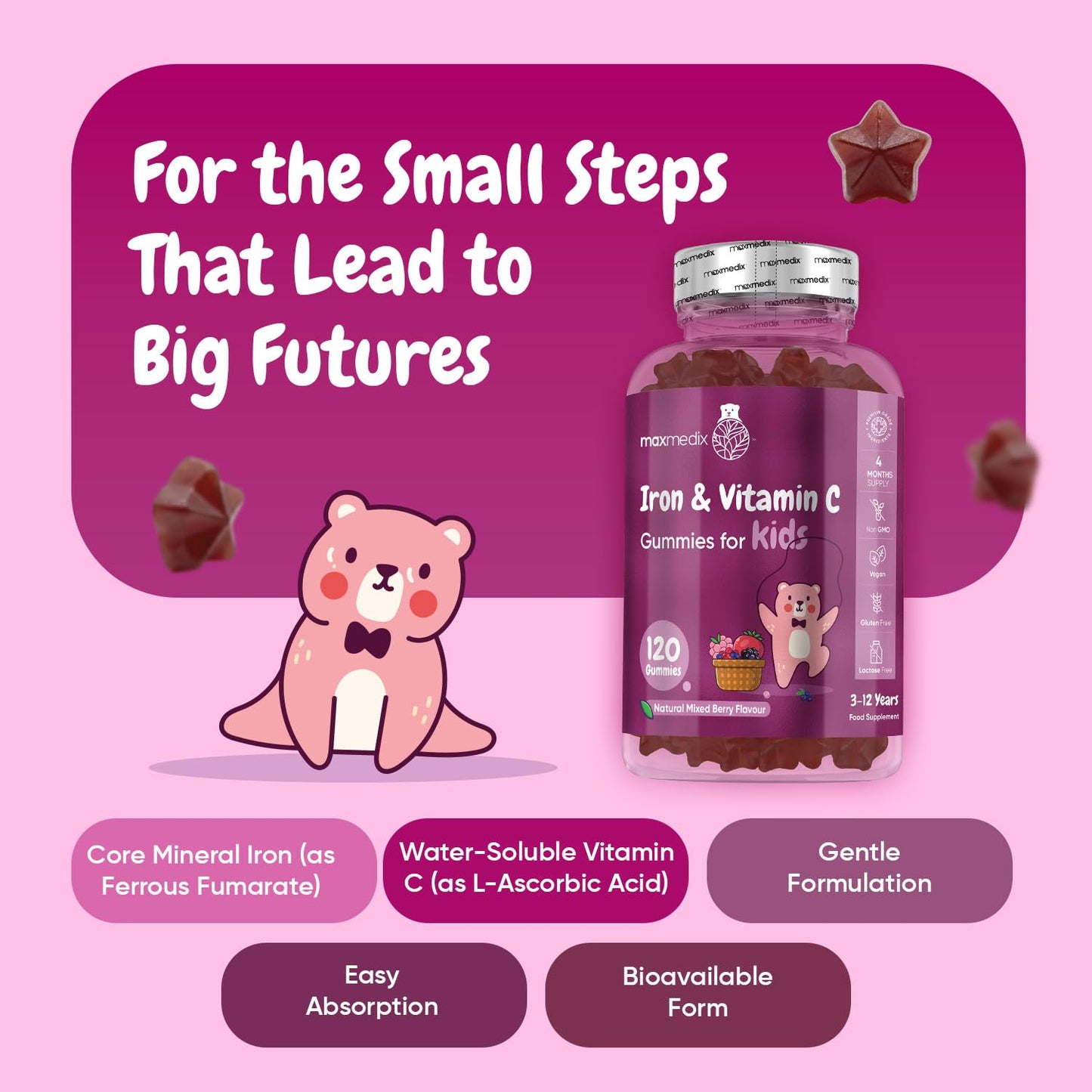 maxmedix Iron Gummies for Kids - 4 Months Supply - 120 Gummies - with Vitamin C - Natural Mixed Berry Flavour - Bioavailable Forms - Lactose-Free & Vegan Iron Supplements for Kids - No Metallic Aftertaste