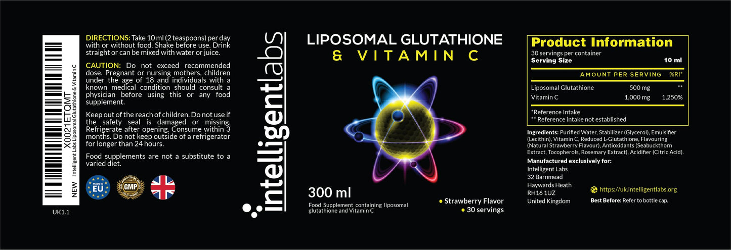 Intelligent Labs Liposomal Glutathione + Vitamin C, Advanced Liquid Antioxidant Formula, 500 mg Reduced L-Glutathione + 1000 mg Vitamin C per Serving, 30 Servings, Soy Free