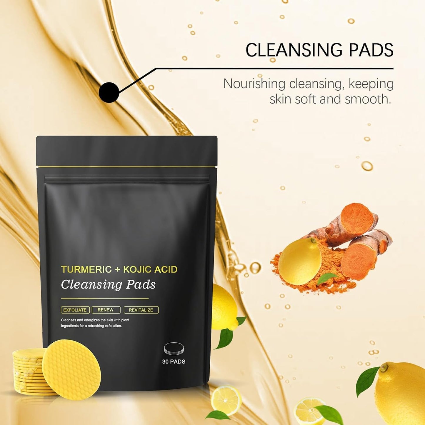 WujialingMM Turmeric Kojic Acid Cleansing Pads, 30PCS Turmeric Face Scrub Pads with Vitamin C, Turmeric Cleansing Pads For Facial Cleansing And Exfoliation
