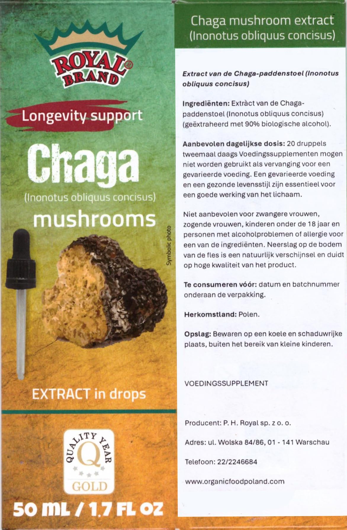 Royal Brand Chaga Extract Drops 50 ml / Chaga Mushroom / Better Than Chaga Mushroom Capsules / Liquid Extract Drops / 1.7 FL OZ