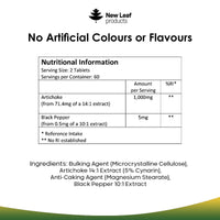 NEW LEAF PRODUCTS Artichoke Extract Tablets - 120 High Strength Artichoke Extract Tablets Enriched with Black Pepper - Artichoke Supplements No Inulin or Leaf Fibre - 5% Cynarin - 1000mg Made in UK