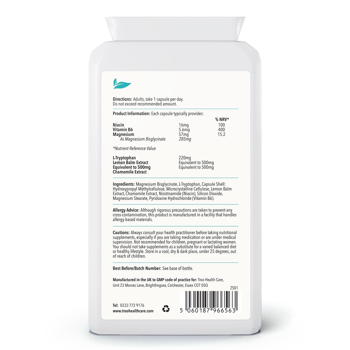 Troo Health Care L-Tryptophan Carma Complex 120 Vegan Capsules - Daily Supplement to Support Healthy Psychological Function - with Niacin, Vitamin B6 & Magnesium Bisglycinate