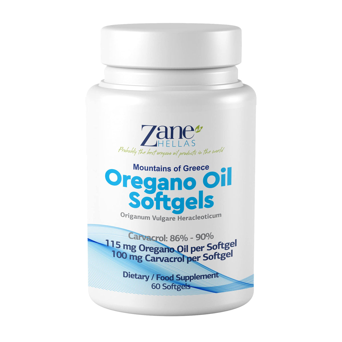 Zane HELLAS Probably the best oregano oil products in the world Zane Hellas Oregano Oil Softgels. Extra Strength. Every Softgel Contains 20% Greek Essential Oil of Oregano. 100 mg Carvacrol per Softgel.60 Softgels.