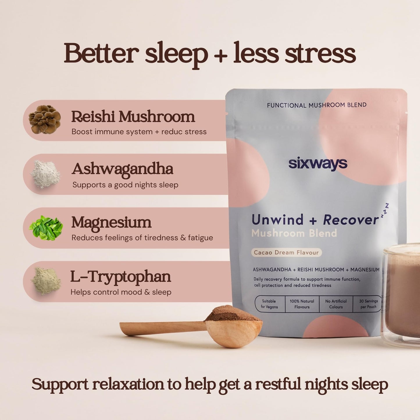 Sixways Unwind & Recover Sleep Drink, Cacao Flavour, 30 Servings with Ashwagandha, Magnesium Bisglycinate, Reishi Mushroom & L-Tryptophan, Vegan, Gluten Free (150g)