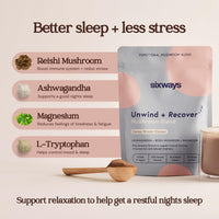 Sixways Unwind & Recover Sleep Drink, Cacao Flavour, 30 Servings with Ashwagandha, Magnesium Bisglycinate, Reishi Mushroom & L-Tryptophan, Vegan, Gluten Free (150g)