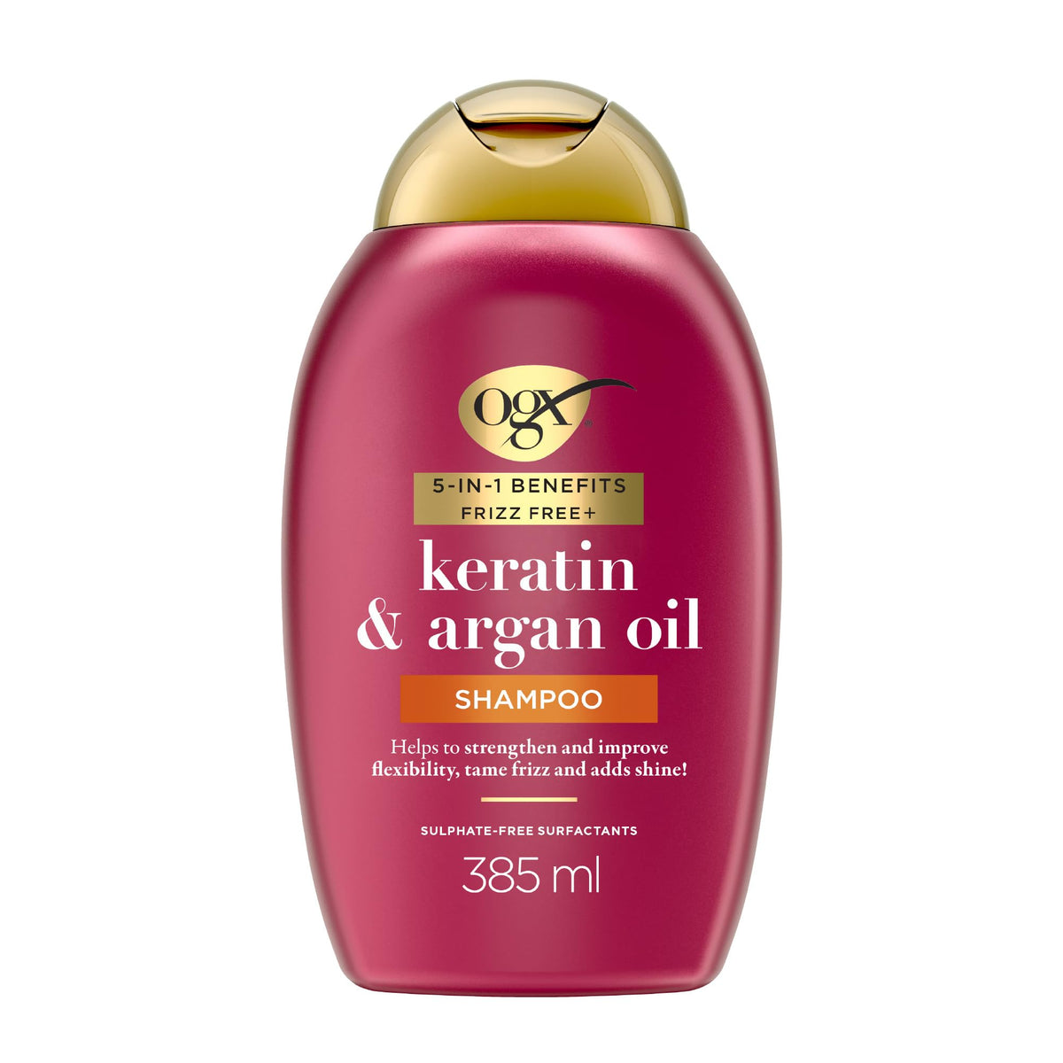 OGX 5in1 Benefits Frizz Free with Keratin & Argan Oil Shampoo, Strengthens and Improves Flexibility, Tames Frizz and Adds Shine, Sulfate Free, 385ml