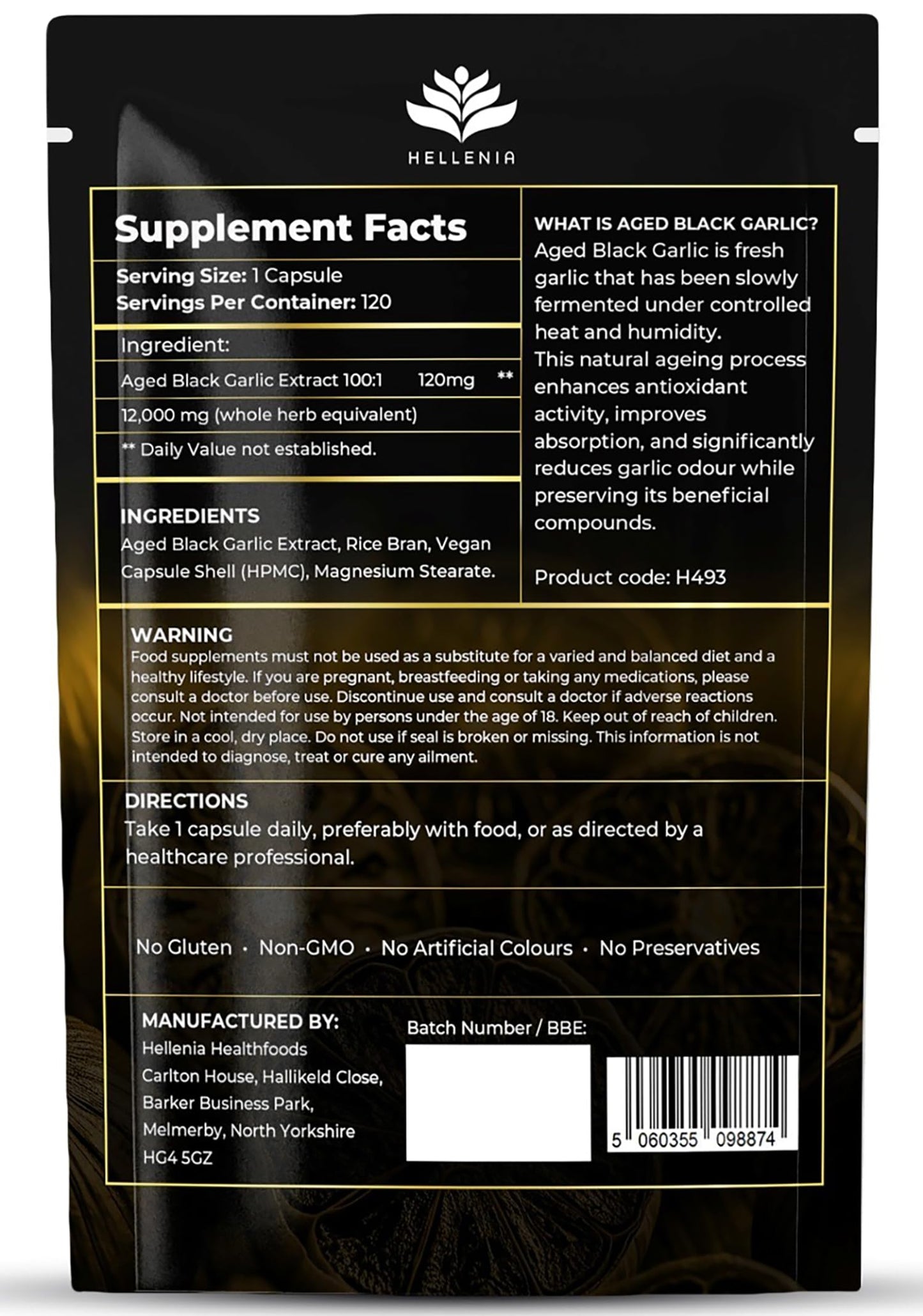 Aged Black Garlic 12,000mg - 120 Capsules | Black Garlic Bulb Extract 100:1 | Aged for Over 6 Months | Antioxidant and Cholesterol Support | Gluten Free - Made in the UK by Hellenia