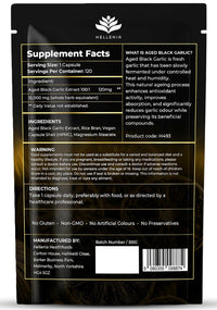 Aged Black Garlic 12,000mg - 120 Capsules | Black Garlic Bulb Extract 100:1 | Aged for Over 6 Months | Antioxidant and Cholesterol Support | Gluten Free - Made in the UK by Hellenia