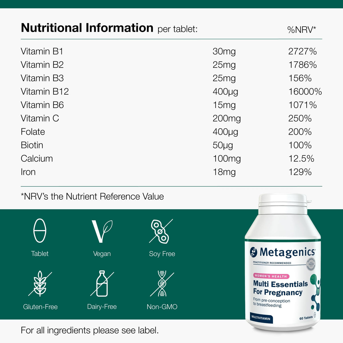 Metagenics Multi Essentials for Pregnancy Multivitamin with Folic Acid - 25 Vitamins & Minerals for Pre-Conception, Pregnancy & Breastfeeding - Vegetarian and Vegan - 60 Tablets