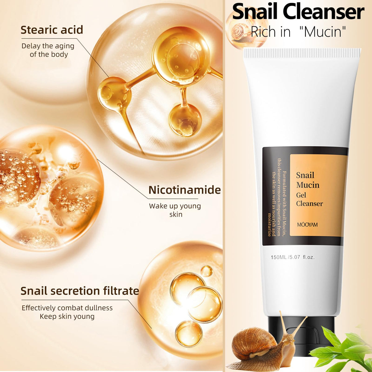 NLFOX Snail Mucin Facial Cleanser - Face Wash for Women Men - Hydrating Face Cleanser - Travel Size Cream Cleanser Fine Foam Deep Pore Cleansing Moisture Locking for Dry & Oil Skin Care
