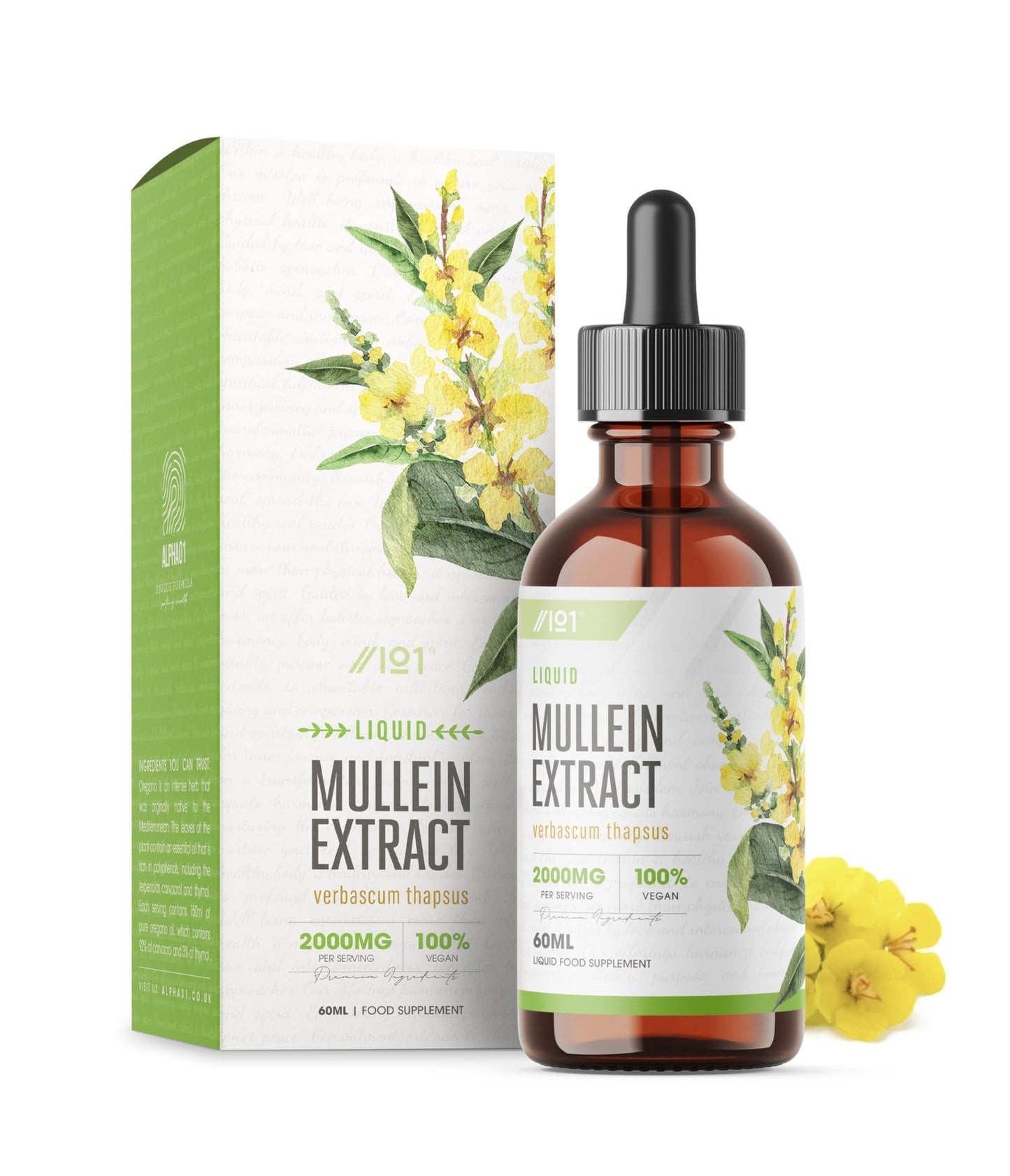 ALPHA01 Mullein Leaf Extract for Lungs 2000mg - 60ml - High Strength Liquid Mullein Leaf - Made in EU - Mullein Leaf Vegan Liquid Drops by Alpha01