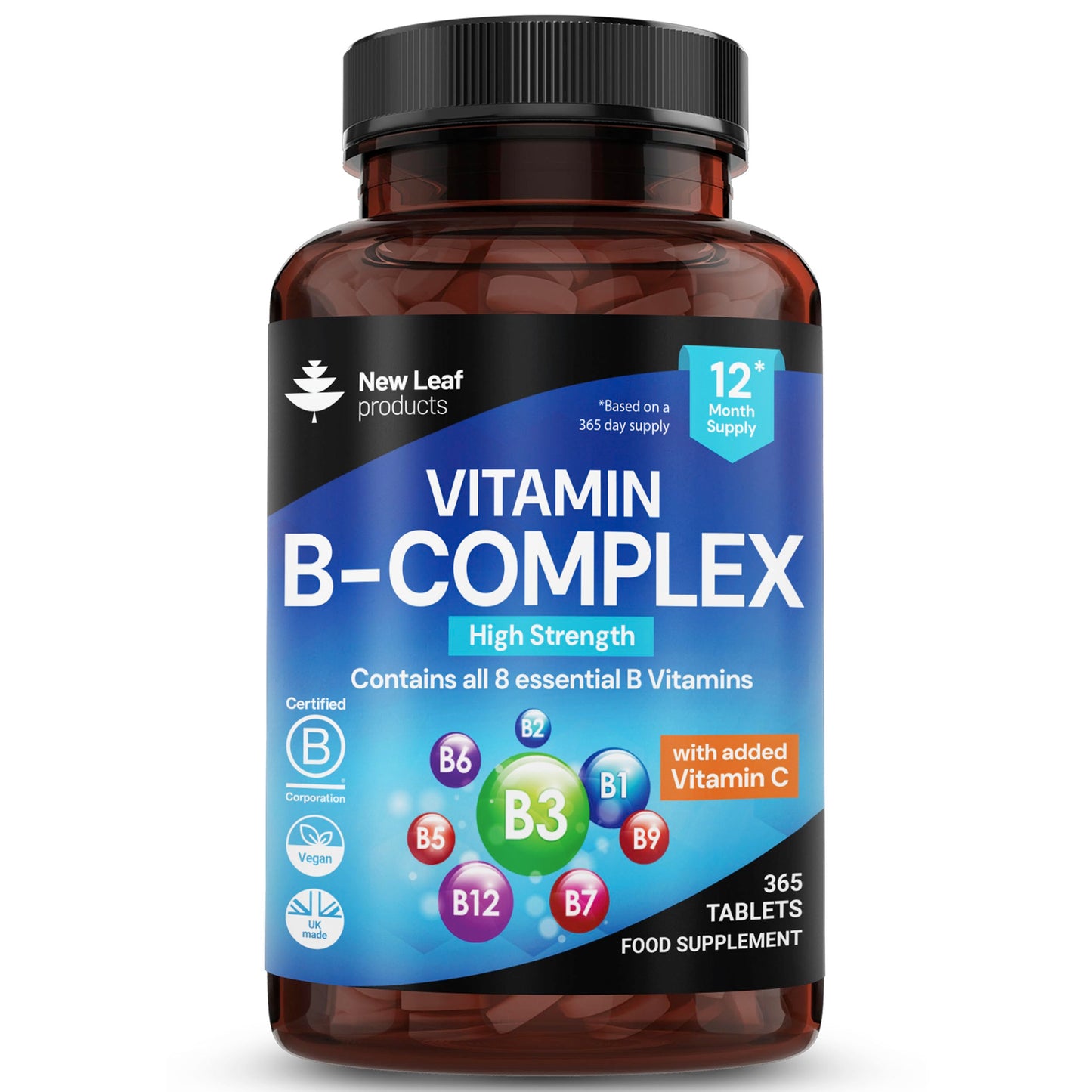 NEW LEAF PRODUCTS Vitamin B Complex - 365 Small Tablets - All 8 B Vitamins B1-B2-B3-B5-B6-B12, (1 Year Supply) High Strength Biotin, Folic Acid and Vitamin C - Reduction of Tiredness, Energy & Immune Support - UK Made