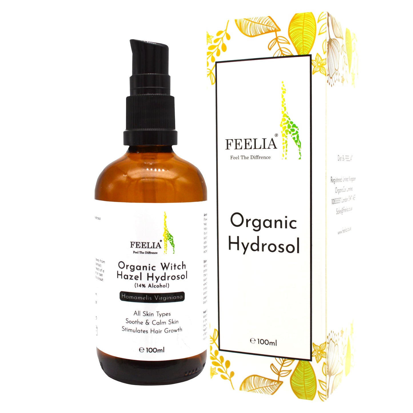 Feelia – Organic Witch Hazel Hydrosol (14% Alcohol), Steam Distilled, Pure & Natural Toner, All Skin Types, Soothe & Calm The Skin, Natural & Gentle (14% Alcohol)