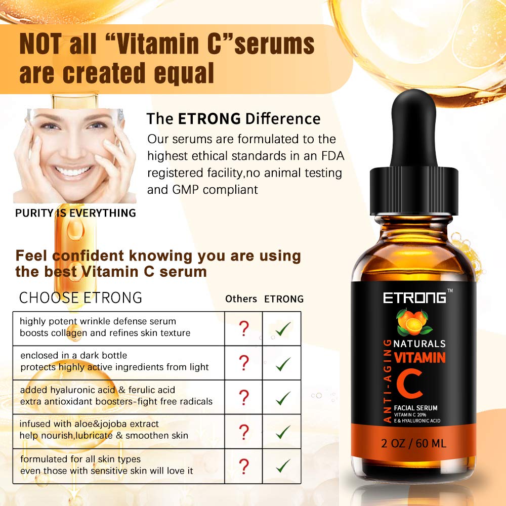 ETRONG 2oz Vitamin C Serum Face with Hyaluronic Acid,Vitamin E,20% Vitamin C for Anti-wrinkle,Dark Circle,Fine Lines and Sun damage – Restore&Boost Collagen (60ml)