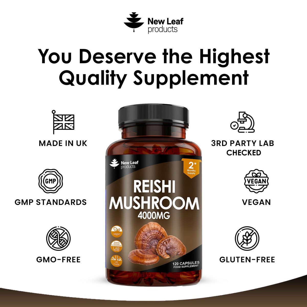 NEW LEAF PRODUCTS Reishi Mushroom Capsules - High Strength 4000mg Mushroom Supplements - 120 Vegan Mushroom Powder Capsules - Reishi Supplement 100% from the Fruiting Body Made in UK by New Leaf