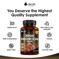 NEW LEAF PRODUCTS Reishi Mushroom Capsules - High Strength 4000mg Mushroom Supplements - 120 Vegan Mushroom Powder Capsules - Reishi Supplement 100% from the Fruiting Body Made in UK by New Leaf